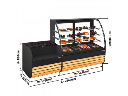 Dortová vitrína - 1,84 x 0,82 m - se 3 skleněnými policemi - včetně pokladny - 1,1 m