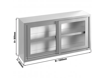 Stainless steel wall hanging cabinet - 1800x400mm - with sliding glass door - 800mm high