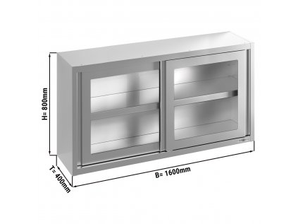 Stainless steel wall hanging cabinet - 1600x400mm - with sliding glass door - 800mm high