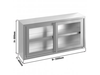 Stainless steel wall hanging cabinet - 2000x400mm - with sliding glass door - 800mm high
