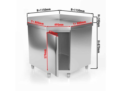 Nerezová rohová pracovní skříň - s dvířky a zadním lemem