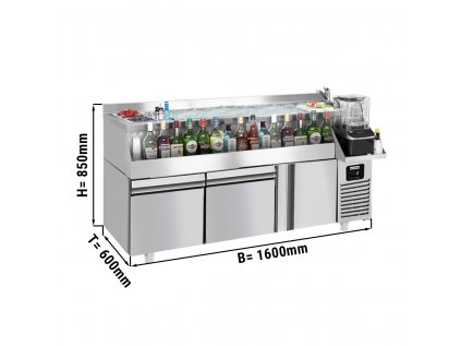 Barový/nápojový chladicí stůl - 1,6 x 0,6 m - 235 litrů - s 1 dvířky, 2 zásuvkami 1/1 a policemi