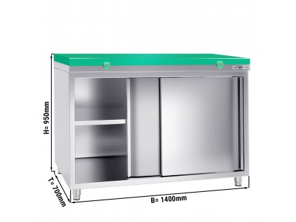 Stainless steel work cabinet PREMIUM - 1400x700mm - with sliding door - incl. cutting board green