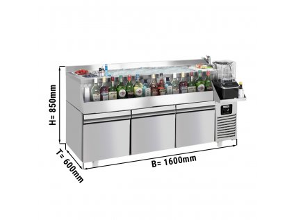Barový/nápojový chladicí stůl - 1,6 x 0,6 m - 235 litrů - se 3 zásuvkami 1/1 a policemi