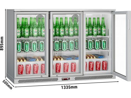 Barový chladiaci stôl – 1,33 m – 320 litrov – s 3 sklenenými dvierkami a 2 policami – sivý