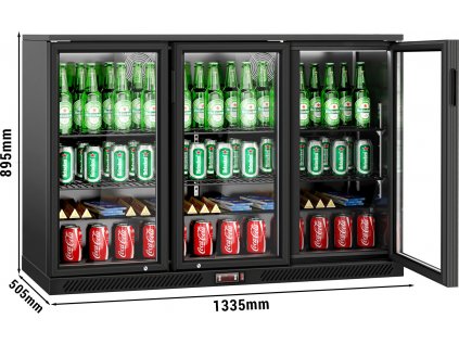 Barový chladiaci stôl - 1,33 m - 320 litrov - s 3 sklenenými dvierkami a 2 policami - vonku a vo vnútri čierny
