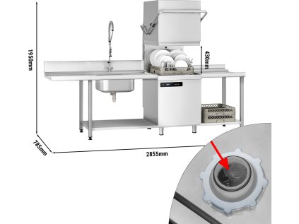 Průchozí myčka 7,1 kW - Bez vypouštěcího čerpadla - S čerpadlem na mycí prostředek a přívodem oplachového prostředku (dvouplášťové) - S odstraňovačem vodního kamene + vstupní a výstupní stůl vlevo