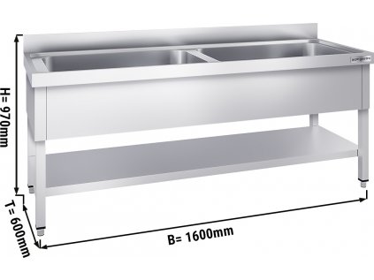Nerezový dřez na černé nádobí se spodní policí 1,6 m, 2 umyvadla, hloubka 60 cm