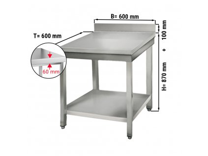 Nerezový pracovný stôl ECO so spodnou policou a zadným lemom - 600 x 600 x 870 mm