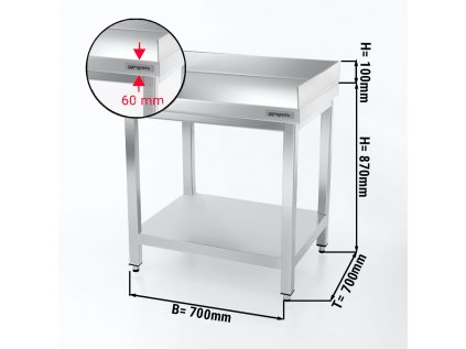 Nerezový pracovní stůl PREMIUM se spodní policí a lemem vzadu a vpravo - 700 x 700 x 870 mm