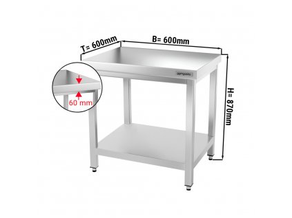 Nerezový pracovní stůl PREMIUM se spodní policí bez zadního lemu - 600 x 600 x 870 mm