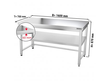 Nerezový pracovní stůl PREMIUM se spodní policí bez zadního lemu - 1600 x 700 x 870 mm