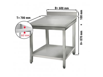 Nerezový pracovní stůl ECO se spodní policí a zadním lemem - 600 x 700 x 870 mm