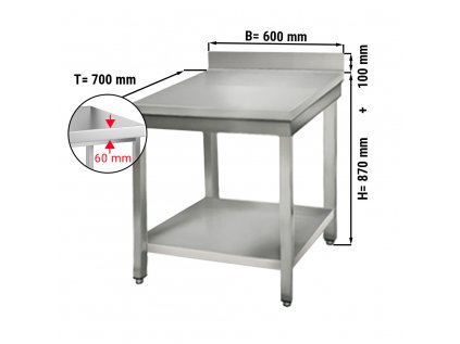 Nerezový pracovný stôl ECO so spodnou policou a zadným lemom - 600 x 700 x 870 mm