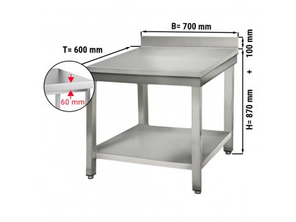 Nerezový pracovní stůl ECO se spodní policí a zadním lemem - 700 x 600 x 870 mm