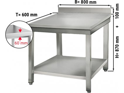 Nerezový pracovní stůl ECO se spodní policí a zadním lemem - 800 x 600 x 870 mm