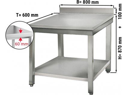 Nerezový pracovný stôl ECO so spodnou policou a zadným lemom - 800 x 600 x 870 mm