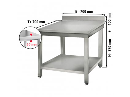 Nerezový pracovný stôl ECO so spodnou policou a zadným lemom - 700 x 700 x 870 mm
