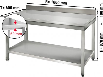 Nerezový pracovný stôl ECO so spodnou policou a zadným lemom - 1000 x 600 x 870 mm