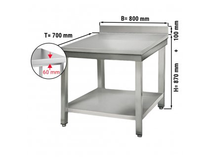 Nerezový pracovní stůl ECO se spodní policí a zadním lemem - 800 x 700 x 870 mm