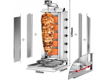 Gyros/doner kebab gril - 5 hořáků (pohyblivé) - max. 80 kg - včetně ochranné desky a křídlových dvířek