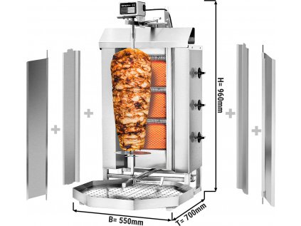 Gril na gyros/kebab - 3 hořáky - max. 40 kg - včetně ochranné desky a křídlových dvířek