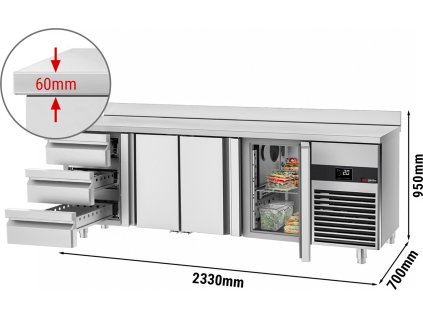 Chladiaci stôl/pult PREMIUM - 2,3 x 0,7 m - s 3 dverami a 3 zásuvkami 1/3