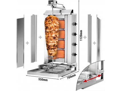 Gyros/ doner kebab gril - 4 hořáky (pohyblivé) - max. 60 kg - včetně ochranné desky a křídlových dvířek