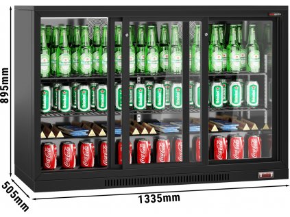 Barový chladicí stůl - 1,33 m - 320 litrů - se 3 posuvnými dveřmi a 2 policemi - Černá