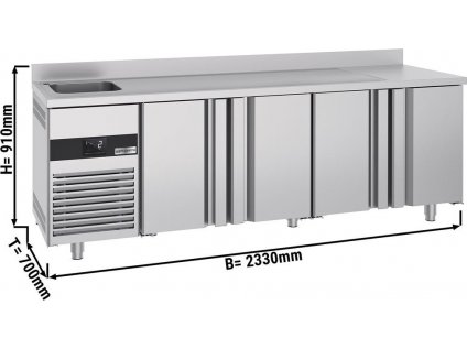 Chladicí stůl/skříňka PREMIUM - 2,36 x 0,7 m - se 4 dveřmi, 1 umyvadlem na levé straně a zadní stranou - 540 litrů