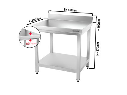 Nerezový pracovný stôl PREMIUM so spodnou policou a zadným lemom - 600 x 600 x 870 mm