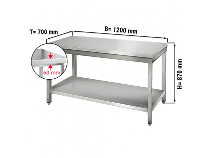 Nerezový pracovní stůl se spodní policí bez zadního lemu - 1200 x 700 x 870 mm