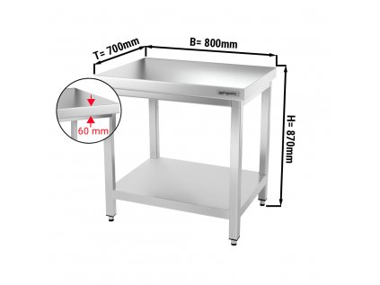 Nerezový pracovní stůl PREMIUM se spodní policí bez zadního lemu - 800 x 700 x 870 mm