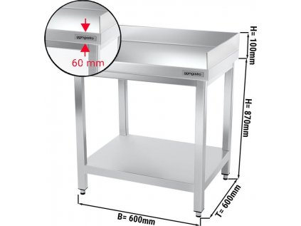 Nerezový pracovní stůl PREMIUM se spodní policí a lemem vzadu a vpravo - 600 x 600 x 870 mm