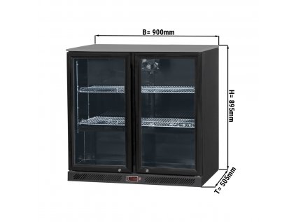 Barový chladicí stůl - 0,9 m - 220 litrů - se 2 skleněnými dvířky a 2 policemi - venku a uvnitř černý