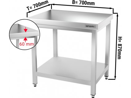 Nerezový pracovný stôl PREMIUM so spodnou policou bez zadného lemu - 700 x 700 x 870 mm