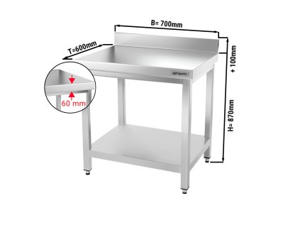 Nerezový pracovní stůl PREMIUM se spodní policí a zadním lemem - 700 x 600 x 870 mm