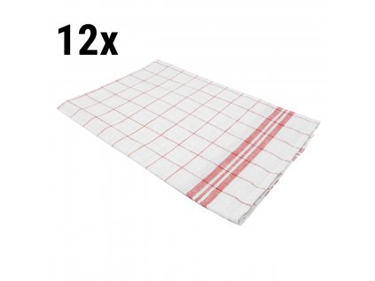 (12 ks) Utěrka - 100% len - 65 x 65 cm - červená / bílá