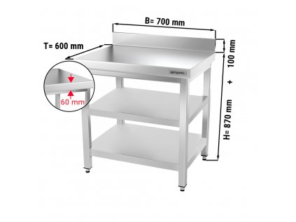 Nerezový pracovní stůl PREMIUM s dvěma policemi a zadním lemem - 700 x 600 x 970 mm