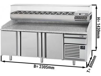 Commercial Refrigerated Pizza Prep Counter PREMIUM – Glass Top + 1 Uncooled Drawer - 2305×800×1430 mm