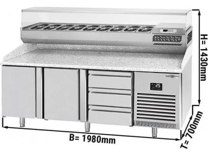 Chladící stůl na pizzu (GN) - s 1 dvířky, 4 zásuvkami 1/2 (GN 1/1) a chladicí horní vitrínou pro 9x nádob GN 1/4