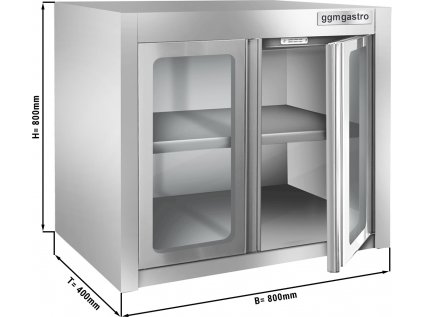 Stainless steel wall hanging cabinet - 800x400mm - with glass hinged door - 800mm high