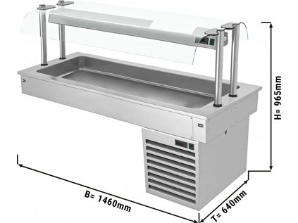 Instalační chladící vana - 1,5m - +2 ~ +8 °C - 4x GN 1/1 - se skleněnou zábranou proti kýchání