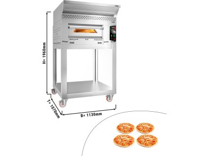Plynová pec na pizzu - 4x 34 cm - vč. digestoře, podstavce & setu koleček