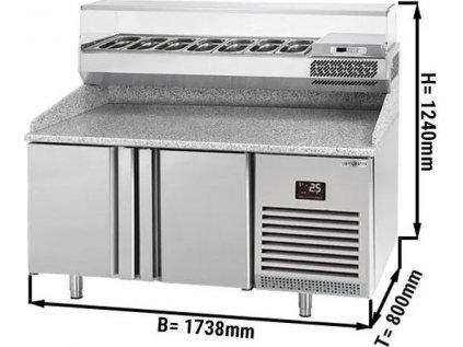 Refrigerated Pizza Prep Counter PREMIUM – Granite Top – 2 Doors – 1738×800×1430 mm – 2–6°C – with Glass Display (-1–7°C)