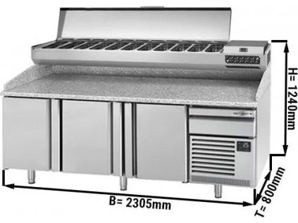 Commercial Refrigerated Pizza Prep Counter PREMIUM – Glass Top - 2305×800×1240 mm