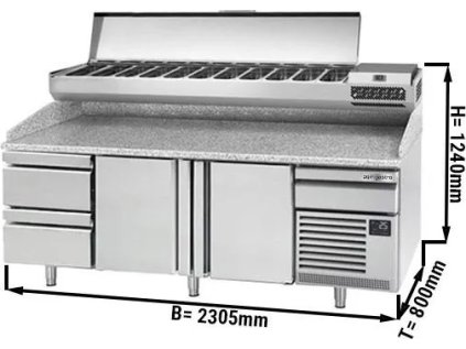 Commercial Refrigerated Pizza Prep Counter PREMIUM – 2 Doors + 2 Drawers - Glass Top - 2305×800×1240 mm