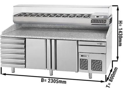 Commercial Refrigerated Pizza Prep Counter PREMIUM – 2 Doors + 6 Drawers - Glass Top - 2305×800×1430 mm