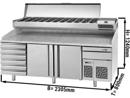 Commercial Refrigerated Pizza Prep Counter PREMIUM – 2 Doors + 6 Drawers - Glass Top - 2305×800×1240 mm