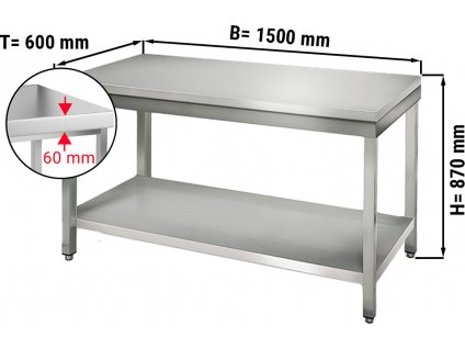 Nerezový pracovní stůl ECO se spodní policí bez zadního lemu - 1500 x 600 x 870 mm